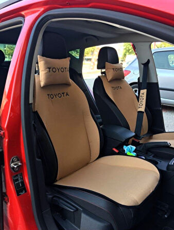 TOYOTA Nakışlı Ön İkili Oto Koltuk Minderi 2 Adet Boyun Yastığı 2 Adet Kemer Pedi KREM