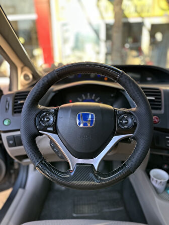 Honda Civic FB7 Araca Özel Dikmeli Direksiyon Kılıfı (Kristal Karbon Soft Nokta Krem ip)