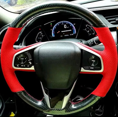 Honda Civic Fc5 Araca Özel Direksiyon Kılıfı 5D KRİSTAL KARBON KIRMIZI NOKTA