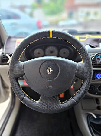 Clio 2 Araca Özel Direksiyon Kılıfı (Noktalı Karbon SARI Yüzüklü)