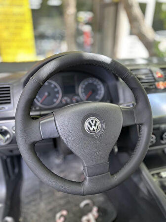 Volkswagen Golf 5 Araca ÖZGÜ DİKMELİ Direksiyon Kılıfı (DÜZ DERİ SİYAH İP)