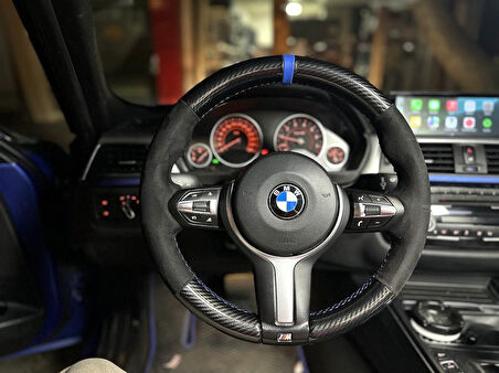 BMW F30 M SPORT KASA ARACA ÖZGÜ DİKMELİ DİREKSİYON KILIFI 5D KRİSTAL KARBON ALCANTRA MAVİ YÜZÜK
