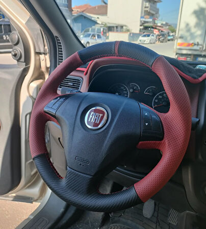Fiat Line Tuşlu Direksiyonlara Uyumlu Araca Özgü Dikmeli Direksiyon Kılıfı Kırmızı Karbon