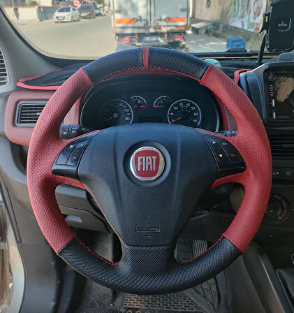 Fiat Line Tuşlu Direksiyonlara Uyumlu Araca Özgü Dikmeli Direksiyon Kılıfı Kırmızı Karbon