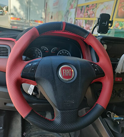 Fiat Line Tuşlu Direksiyonlara Uyumlu Araca Özgü Dikmeli Direksiyon Kılıfı Kırmızı Karbon