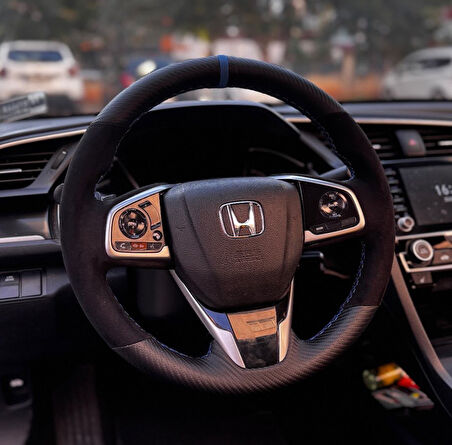 Honda Civic Fc5 Araca Özel Direksiyon Kılıfı ALCANTRA KARBON MAVİ YÜZÜKLÜ