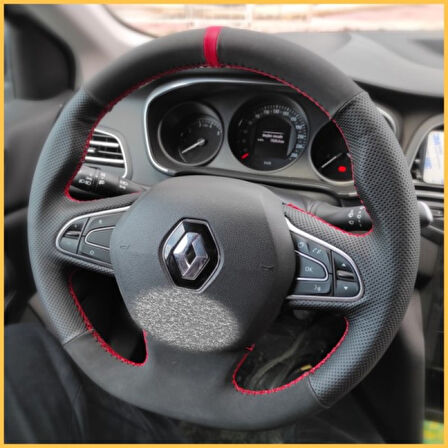 Megane 4 Araca Özel Direksiyon Kılıfı (Noktalı Nubuk Kırmızı Yüzüklü)