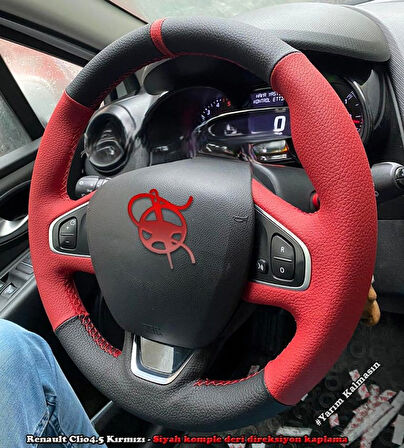 Clio 4 Faz 2 Araca Özel Direksiyon Kılıfı KIRMIZI DERİ DÜZ KIRMIZI YÜZÜKLÜ