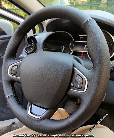 Clio 4 Faz 2 Araca Özel Direksiyon Kılıfı  DÜZ DERİ SİYAH İPLİ