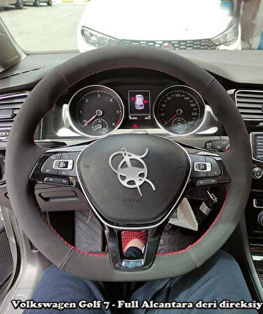 Golf 7 Jetta Passat Tiguan Polo-T-Roc F1 Dikmeli Araca Özel Direksiyon Kılıfı NUBUK KIRMIZI İPLİ
