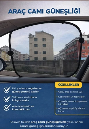 Güneşlik Perde Yan Cam Düz Siyah Vantuzlu 2Li