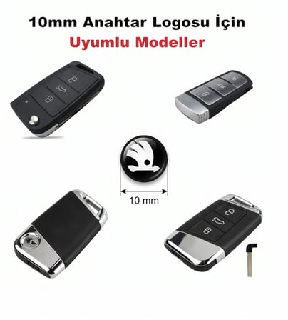 Skoda Anahtar Logosu Amblemi 10 mm Silikonlu Kabartma Kumanda Logosu Siyah 6 Adet