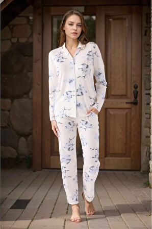 Kadın Ev Giyim Gömlek Yaka Pamuklu 2'li Krem Pijama Takımı LL.PC88.K83.D01