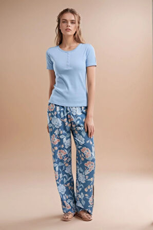 Kadın Giyim Kısa Kollu Desenli Alt & Üst Mavi Pijama Takımı LL.AR01.NE00.TT01