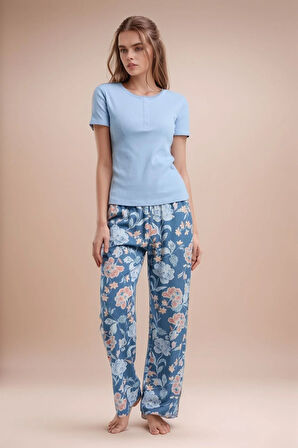 Kadın Giyim Kısa Kollu Desenli Alt & Üst Mavi Pijama Takımı LL.AR01.NE00.TT01
