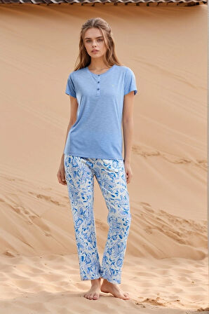 Kadın Giyim Açık Mavi Kısa Kollu Düğme Yaka Üst & Alt İkili Pijama Takımı LL.AR01.NE00.TT04