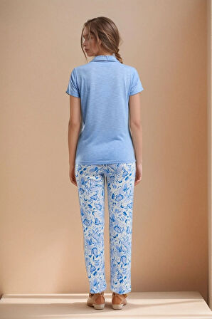 Kadın Giyim Açık Mavi Kısa Kollu Düğme Yaka Üst & Alt İkili Pijama Takımı LL.AR01.NE00.TT04