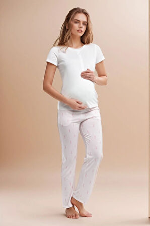 Kadın Giyim Beş Düğmeli Kısa Kollu & Alt Hamile Pijama Takımı LL.AR01.NE00.TT05