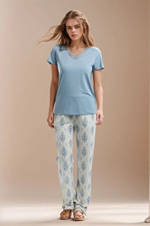 Kadın Ev Giyim Kısa Kollu V Yaka Üst & Alt İkili Pijama Takımı LL.AR01.NE00.TT07