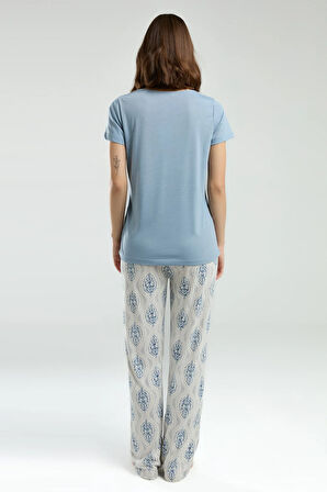 Kadın Ev Giyim Kısa Kollu V Yaka Üst & Alt İkili Pijama Takımı LL.AR01.NE00.TT07