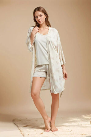 Kadın Ev Giyim 3 Parça Sabahlık & Şortlu Pijama Takımı LL.PC01.K1.D018