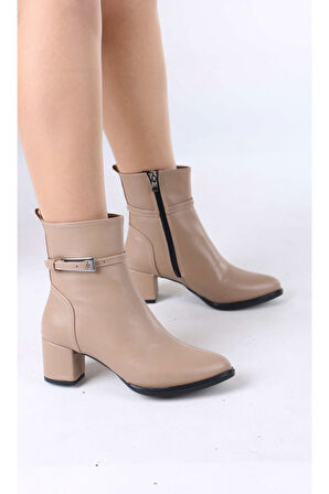Junious Nude Mat Deri Tokalı Fermuarlı Kadın Bot