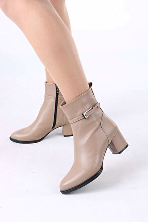 Junious Nude Mat Deri Tokalı Fermuarlı Kadın Bot