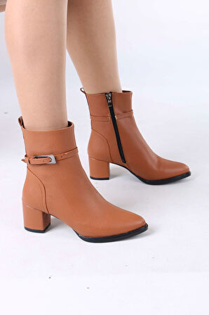 Junious Taba Mat Deri Tokalı Fermuarlı Kadın Bot