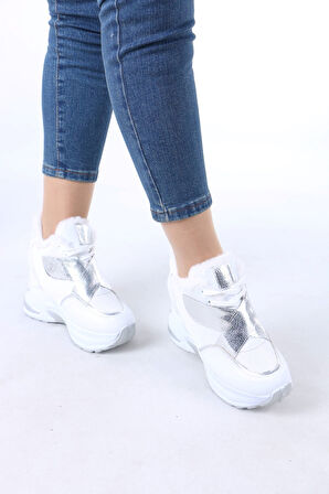 Leroy Beyaz Cırtlı Bağcıklı Gizli Topuklu Spor Ayakkabı