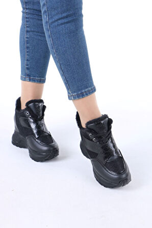 Leroy Siyah Cırtlı Bağcıklı Gizli Topuklu Spor Ayakkabı