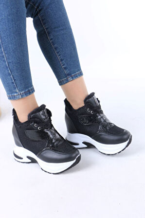 Leroy Siyah Beyaz Taban Cırtlı Bağcıklı Gizli Topuklu Spor Ayakkabı