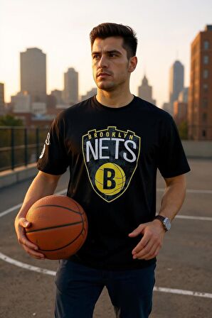 Erkek  Oversize Nets Baskılı Pamuklu T-Shirt
