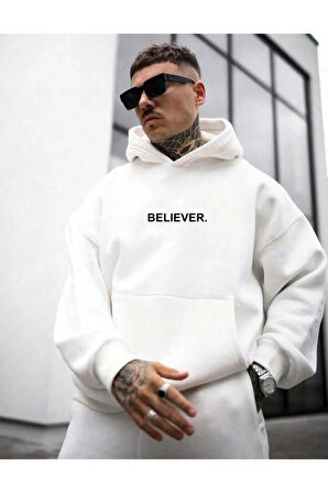 Erkek Beyaz Believer Baskılı Oversize Sweatshirt
