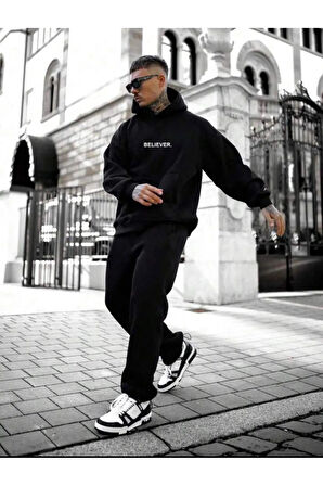 Erkek Siyah Believer Baskılı Oversize Sweatshirt