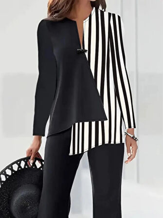 Kadın Bisiklet Yaka Yakadan Düğmeli Çizgi Desenli Uzun Kollu Keten Bluz