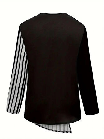 Kadın Bisiklet Yaka Yakadan Düğmeli Çizgi Desenli Uzun Kollu Keten Bluz