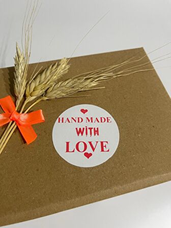 HandeMade With Love üst ve alt kalpli Kırmızı Yazı Yuvarlak Yapışkanlı Etiket 5x5 cm 100 adet
