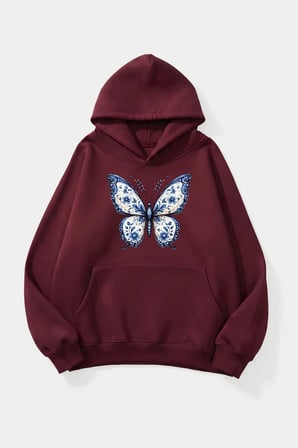 Unisex Yumuşak Dokulu Kelebek Baskılı Tasarım Oversize 3 İplik Hoodie Sweatshirt