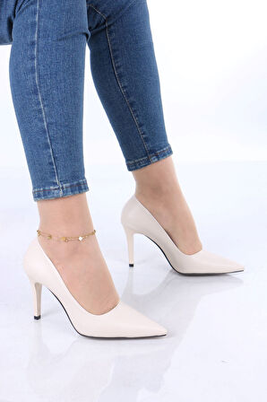 Lisle Bej Mat Deri İnce Topuklu Kadın Ayakkabı