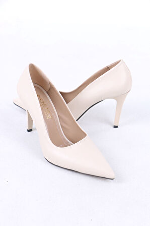 Lisle Bej Mat Deri İnce Topuklu Kadın Ayakkabı