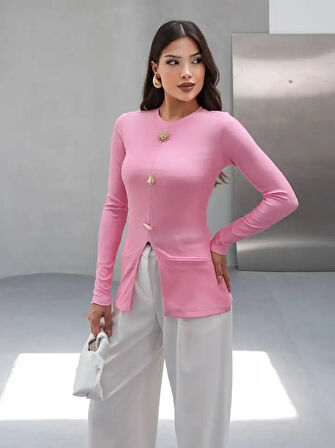 Gold Düğmeli Yırtmaçlı Bluz Pembe