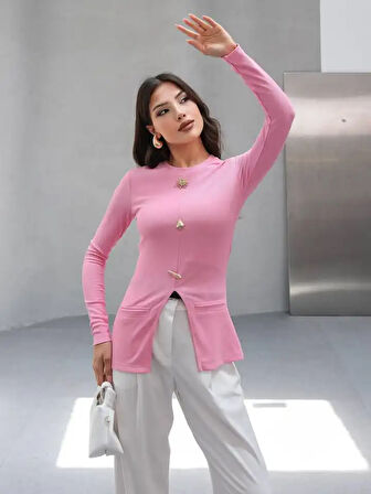 Gold Düğmeli Yırtmaçlı Bluz Pembe