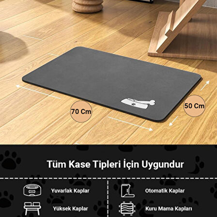 MAtGo Pati Beslenme Matı Kemik Figürlü Su Geçirmez Kaymaz Gri Kedi Köpek Mama Paspası 50x70cm