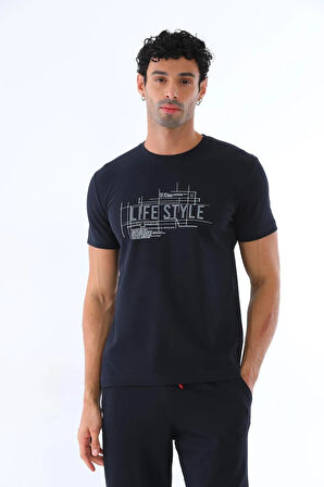 Erkek Lacivert Renk Amerikan Pike Kumaş Bisiklet Yaka Yazı Baskılı Kısa Kol T-shirt - 138