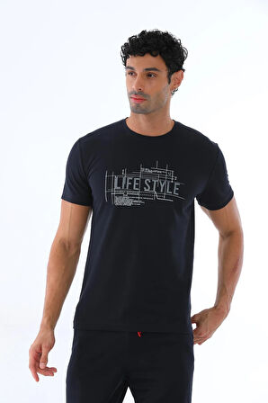 Erkek Lacivert Renk Amerikan Pike Kumaş Bisiklet Yaka Yazı Baskılı Kısa Kol T-shirt - 138