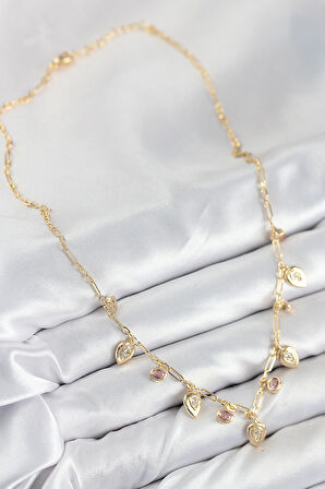 Pirinç Zirkon Taşlı Sallantılı Damla Model Gold Renk Kadın Kolye