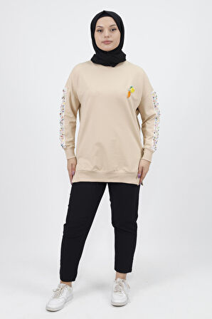 Kolları Nakış Detaylı 2 İplik Kumaş Sweatshirt