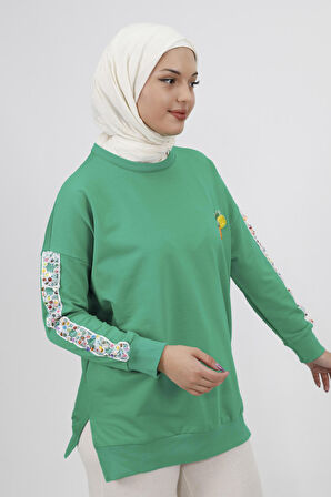 Kolları Nakış Detaylı 2 İplik Kumaş Sweatshirt