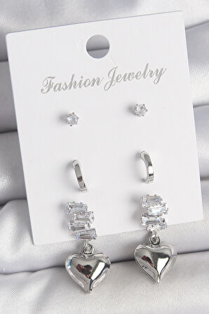 Pirinç Gümüş Renk Zirkon Taşlı Sallantılı Kalp Model Yarım Halka Detay 3 Çfit Kadın Küpe Seti