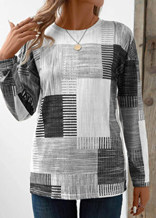 Kadın Bisiklet Yaka Desenli Uzun Kollu Şardonlu Dalgıç Bluz